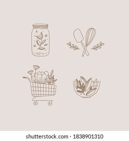 Set Of Travel Nature Icons In Hand Made Line Style Jar With Lid, Dough Whisk, Grocery Cart, Salad Bowl Drawing On Beige Background