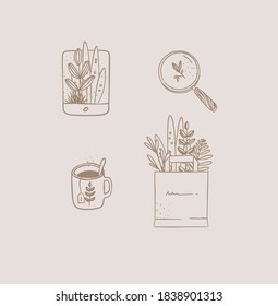 Set of travel nature icons in hand made line style tablet, magnifier, tea cup, grocery bag drawing on beige background