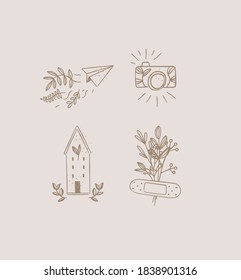 Set of travel nature icons in hand made line style paper plane, photo camera, house, building, plaster drawing on beige background