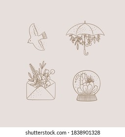 Set of travel nature icons in hand made line style bird, umbrella, envelope, glass ball drawing on beige background
