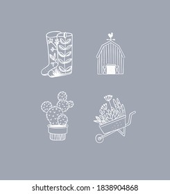 Set of travel nature icons in hand made line style boots, barn, cactus, garden cart drawing on grey background