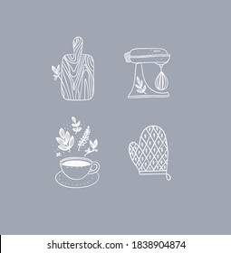 Set of travel nature icons in hand made line style cutting board, mixer, cup of coffee, oven mitts drawing on grey background