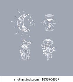 Set Of Travel Nature Icons In Hand Made Line Style Moon, Hourglass, Water Jug For Plants, Key Drawing On Grey Background