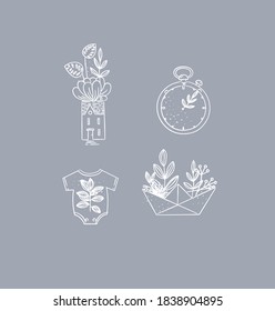 Set of travel nature icons in hand made line style home, building, clock, baby clothes, ship origami drawing on grey background