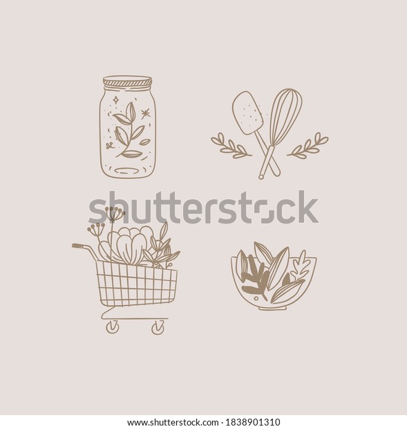 Set of travel nature icons in hand made line style jar with lid, dough