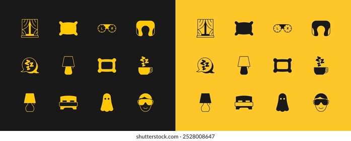 Set Travel neck pillow, Big bed, Pillow, Ghost, Table lamp, Contact lens container, Window with curtains and  icon. Vector