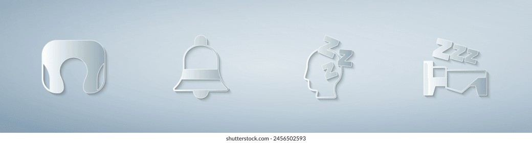 Set Travel neck pillow, Ringing bell, Dreams and Time to sleep. Paper art style. Vector
