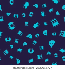 Set Travel neck pillow, Window with curtains, Sheep and Dreams on seamless pattern. Vector