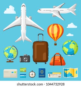 Set of travel objects in flat style.