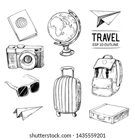 Set of travel objects. Hand drawn illustration converted to vector