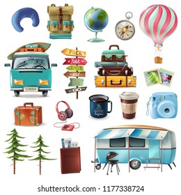 Set of travel objects including transportation, baggage, passport with tickets, photo camera, pointers, drinks isolated vector illustration