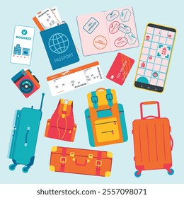 Set of travel objects: luggage, passport, ticket, bank card, visa stamp, hotel reservation, camera, map. Traveling isolated vector object