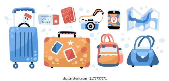 Set of travel objects for stickers, web design, social media and advertisement. Suitcases, photo camera, map, smartphone, documents. Tourism day. Hand drawn cartoon flat vector illustration