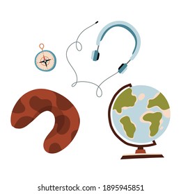 Se establece para viajar sobre un fondo blanco. Globe, brújula, auriculares, almohada para vuelos. ilustración plana