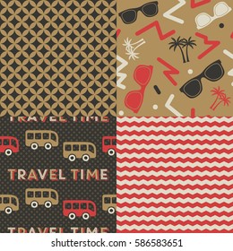 Set of Travel Patterns. Collection of 4 holiday themed retro seamless patterns