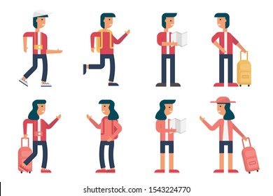 set of travel people various gesture, male and female journey trip collection, man and woman wearing clothes, pants, cap, hat with camera, backpack, map, luggage, cartoon flat vector illustration.