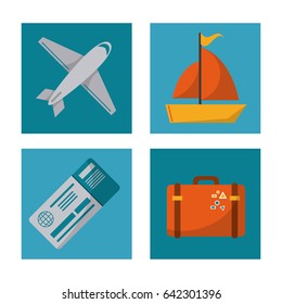 set travel plane ticket suitcase ship design