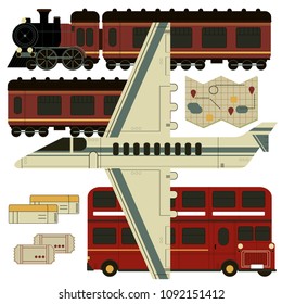 Set travel Plane,Train, Bus, Map, Ticket. Illustrations on different types of transport. Travel destinations and touristic routes. Fflat isometric icons for traveling, flying, resting, airport. Vector