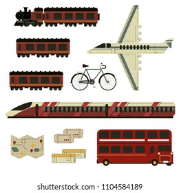 Set travel Plane,Train, Bus, Map, Ticket. Illustrations on different types of transport. Travel destinations and touristic routes. Fflat isometric icons for traveling, flying, resting, airport. Vector