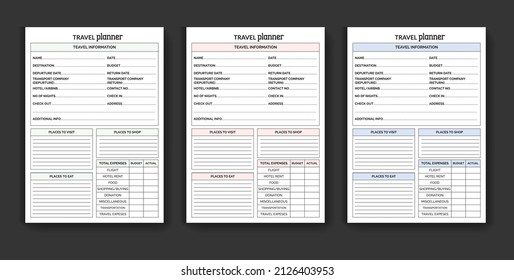 Set of travel planner templates printable travel planner design minimalist planner pages design