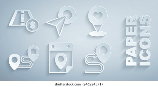 Set Travel planning calendar, Location with heart, Route location, Infographic of city map navigation and Toll road traffic sign icon. Vector