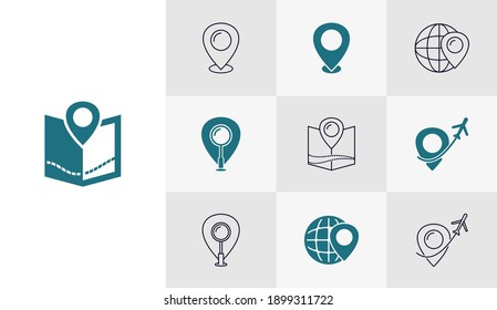Conjunto de plantillas vectoriales de icono plano de punto de viaje, Conceptos de icono de diseño de viaje, Diseño creativo