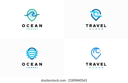 Set-Set mit Travel Point-Logo mit Ocean Wave-Symbol, Design des Ocean-Logos Vektorgrafik