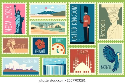 Set of travel post stamp. Famous landmark mail postmark. Postal stickers with tourist attractions and landscapes of different countries. Flat vector illustration collection isolated on background