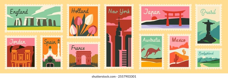 Set of travel post stamp. Vintage international postal stickers with landscapes of different countries. Famous landmark mail postmark. Flat vector illustration collection isolated on background