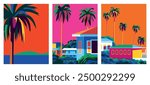 Set of travel posters. 3 beautiful caribbean landscapes with bungalows, palms and the sea in the background. Handmade drawing vector illustration. Caribbean style poster.