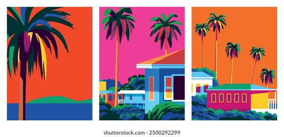 Set of travel posters. 3 beautiful caribbean landscapes with bungalows, palms and the sea in the background. Handmade drawing vector illustration. Caribbean style poster.