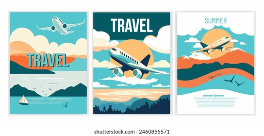 Set of travel posters with airplane, mountains and clouds. Vector illustration