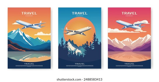 Set of travel posters with airplane, mountains and clouds. Vector illustration