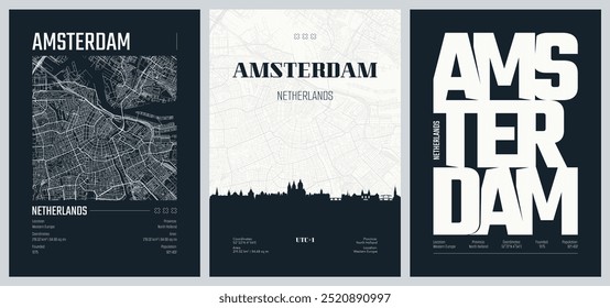 Conjunto de carteles de viaje con Amsterdam, mapa de la ciudad de Plan urbano detallado, horizonte de la ciudad de la silueta, obras de arte del Vector, conjunto 2