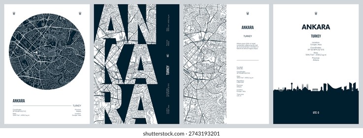 Set of travel posters with Ankara, capital of Turkey, detailed urban street plan city map, Silhouette city skyline, vector artwork