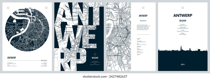 Set of travel posters with Antwerp, detailed urban street plan city map, Silhouette city skyline, vector artwork