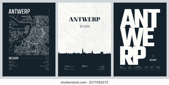 Set of travel posters with Antwerp, detailed urban street plan city map, Silhouette city skyline, vector artwork, set 2