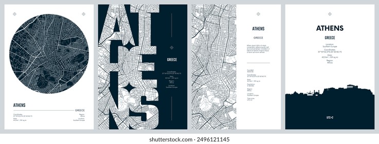 Set von Reiseplakaten mit Athen, detaillierter Stadtplan Stadtplan Stadtplan, Silhouette Skyline, Vektorgrafik