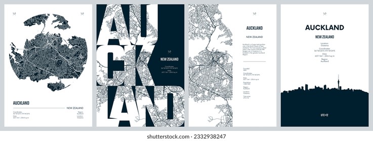 Set of travel posters with Auckland, detailed urban street plan city map, Silhouette city skyline, vector artwork