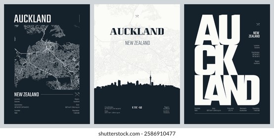 Set of travel posters with Auckland, detailed urban street plan city map, Silhouette city skyline, vector artwork, set 2