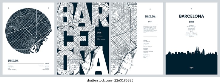Set of travel posters with Barcelona, detailed urban street plan city map, Silhouette city skyline places of interest, vector artwork