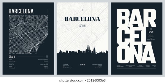 Conjunto de cartazes de viagem com Barcelona, detalhado mapa urbano da cidade, silhueta horizonte da cidade, arte vetorial, conjunto 2