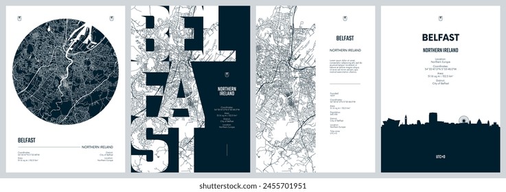 Set of travel posters with Belfast, detailed urban street plan city map, Silhouette city skyline, vector artwork