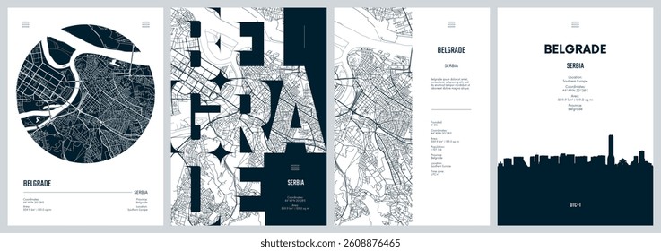 Set of travel posters with Belgrade, detailed urban street plan city map, Silhouette city skyline, vector artwork