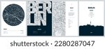 Set of travel posters with Berlin, detailed urban street plan city map, Silhouette city skyline, vector artwork