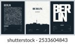 Set of travel posters with Berlin, detailed urban street plan city map, Silhouette city skyline, vector artwork, set 2