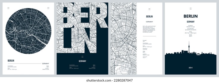 Set of travel posters with Berlin, detailed urban street plan city map, Silhouette city skyline, vector artwork