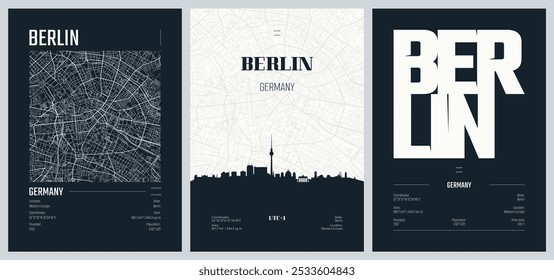 Set of travel posters with Berlin, detailed urban street plan city map, Silhouette city skyline, vector artwork, set 2