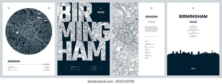 Afiches de viaje con Birmingham, mapa detallado de la ciudad del plan urbano, horizonte de la ciudad de Silhouette, arte vectorial