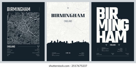 Set Reiseplakate mit Birmingham, Stadtplan Stadtplan, Silhouette Skyline, Vektorgrafik, Set 2